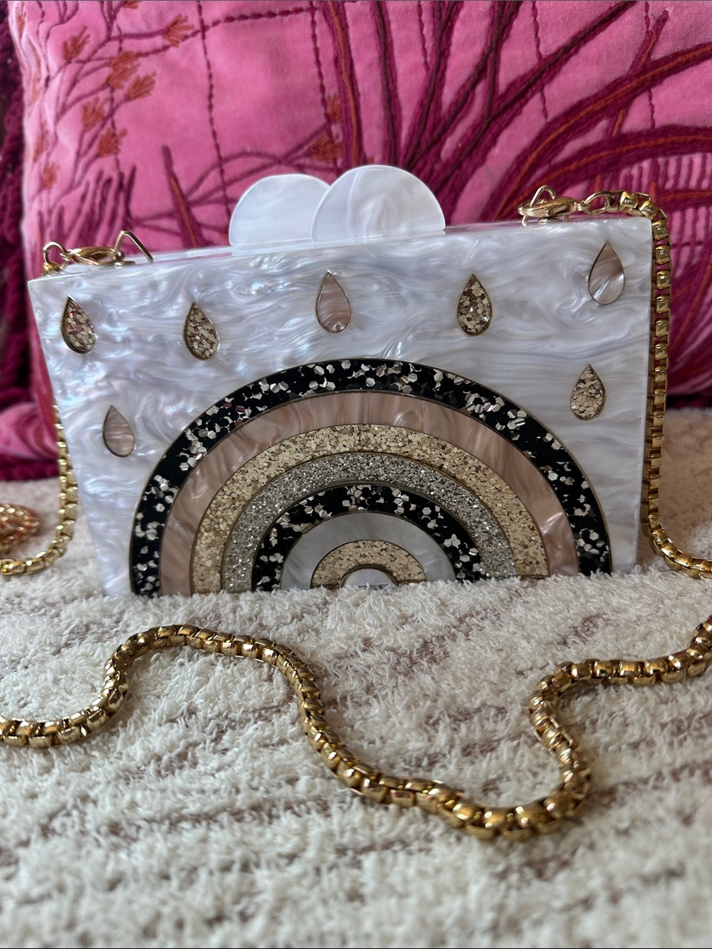 Elizabeth Sutton Rainbow Acrylic Clutch Purse STRONG Pearl Marble Gold Chain